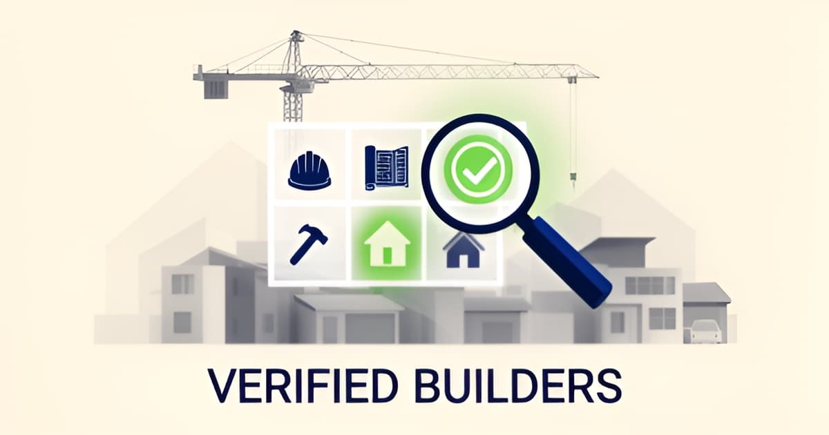 Flat illustration of a magnifying glass verifying builder listings over a stylized neighborhood, with the headline Verified Builders.